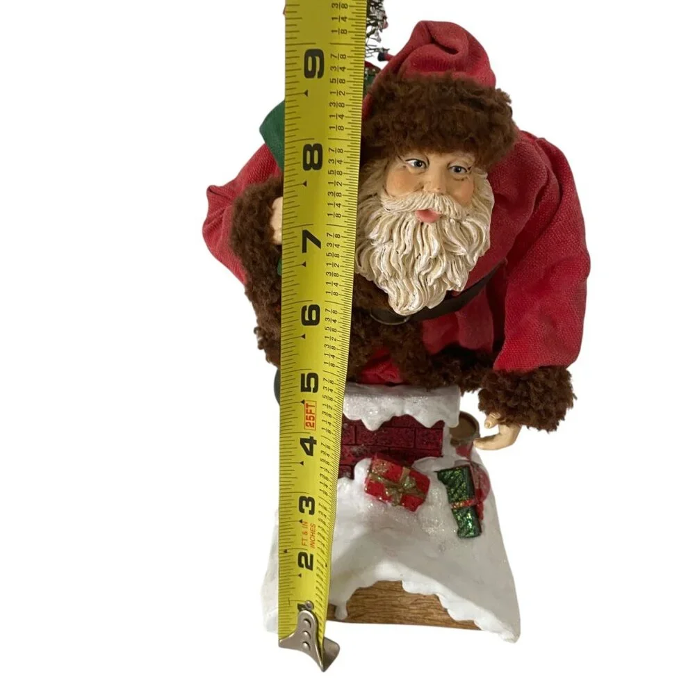 Vintage 90s Santa Claus Figurine Gift Delivery Chimney Fabric Mache 9